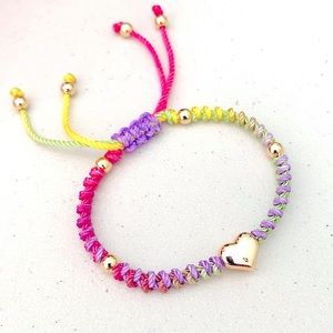 Stainless Steel Golden Puffed Heart Adjustable Macrame Bracelet Multi